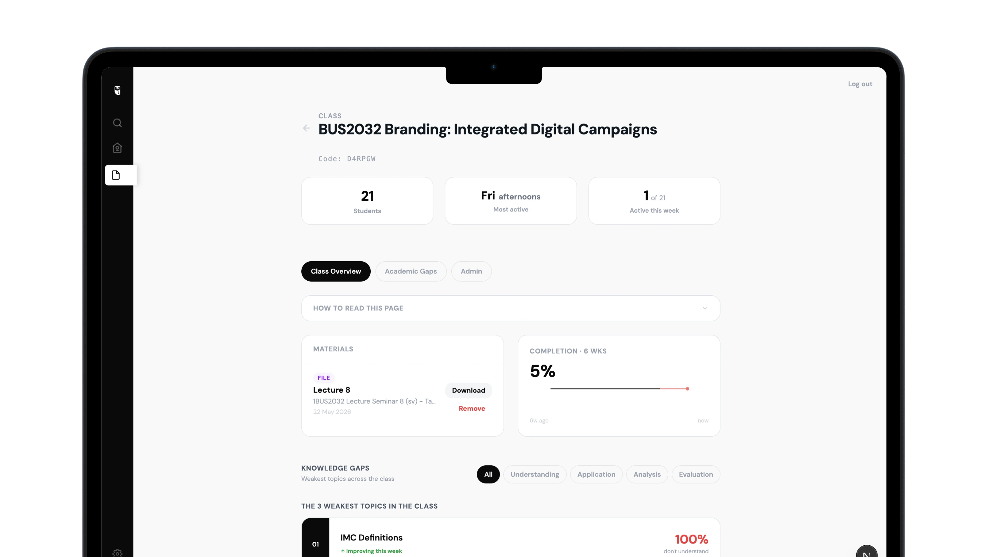 Koop tutor dashboard - class overview and knowledge gaps